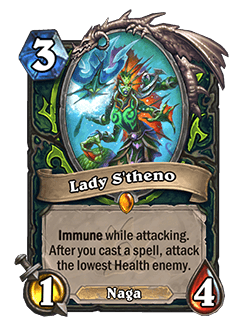 Lady S’Theno<br>Old: 2 Attack, 4 Health<br><strong>New: 1 Attack, 4 Health</strong>