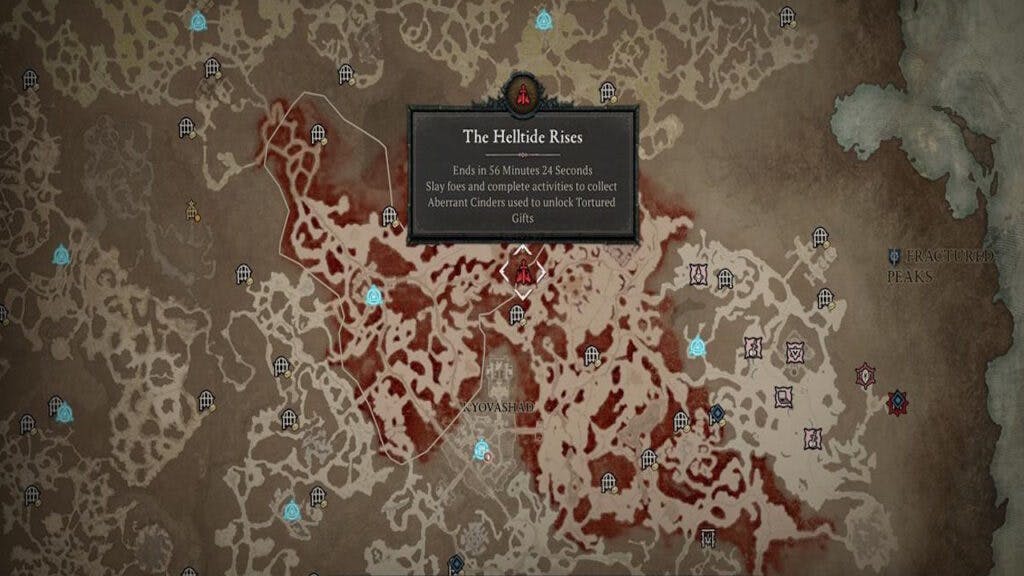 A section of the map will be covered in red, marking where the Helltide Event is. Image courtesy of <a href="https://www.gamespot.com/articles/diablo-4-helltide-events-guide/1100-6514816/">GameSpot</a>.