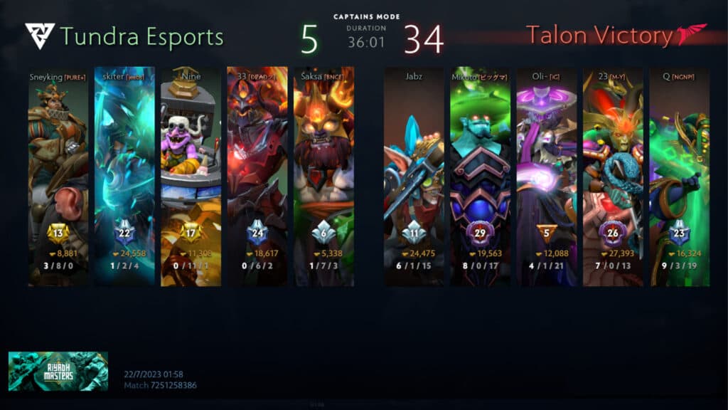 Game two of Tundra Esports vs Talon Esports on July 22, Riyadh Masters Group Stage (Image via Dota client)