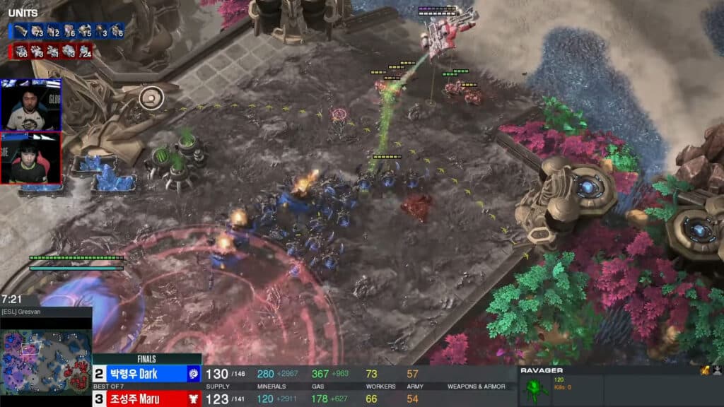 Maru and Dark face off in the 2023 Global StarCraft II League Season 2: Code S Finals (Image via AfreecaTV)