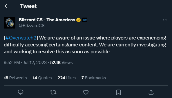 Overwatch 2 is aware of the "Error starting game, trying again" message (Image via BlizzardCS on Twitter)