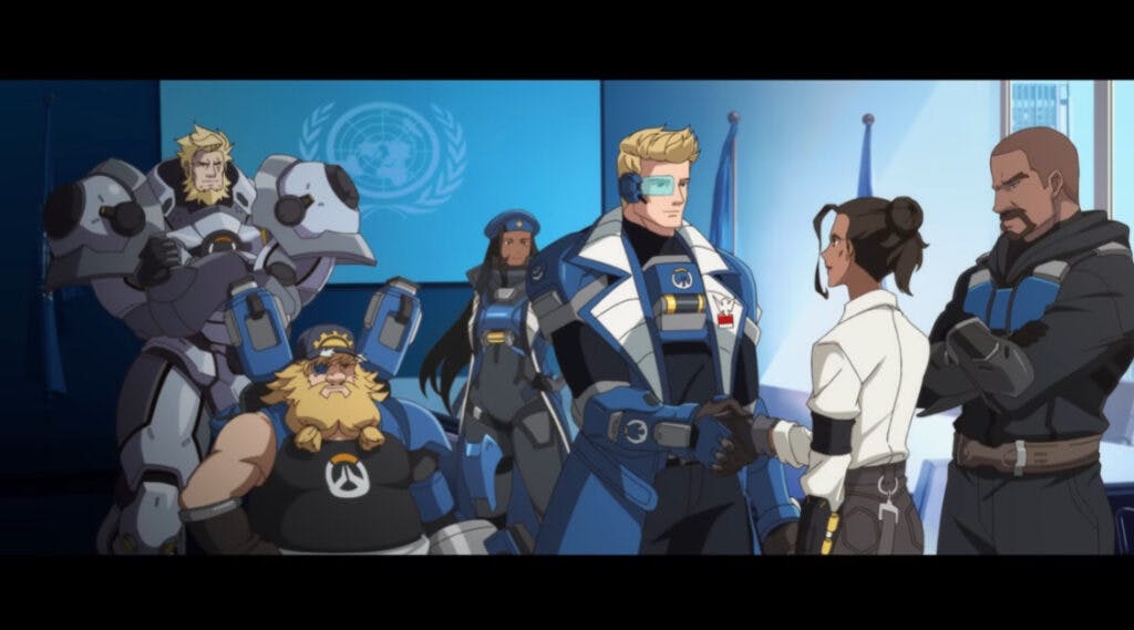 Reinhardt, Torbjorn, Ana, Jack, and Gabriel with Dr. Mina Liao (Image via Blizzard Entertainment)