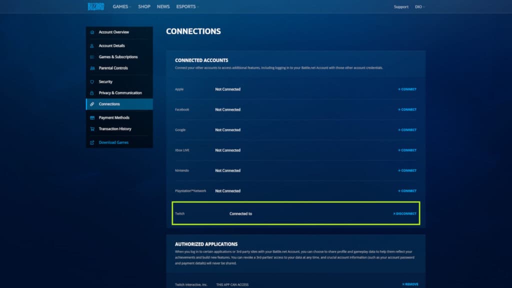 How to connect your Twitch and Battle.net accounts (Image via Blizzard Entertainment)