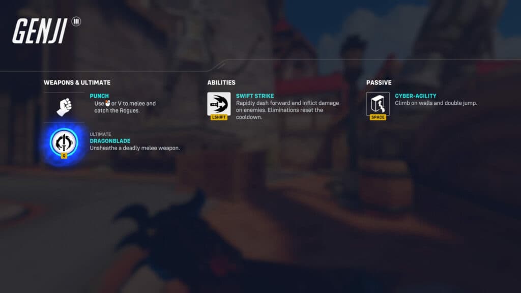 Genji's abilities in this limited-time game mode (Image via Blizzard Entertainment)