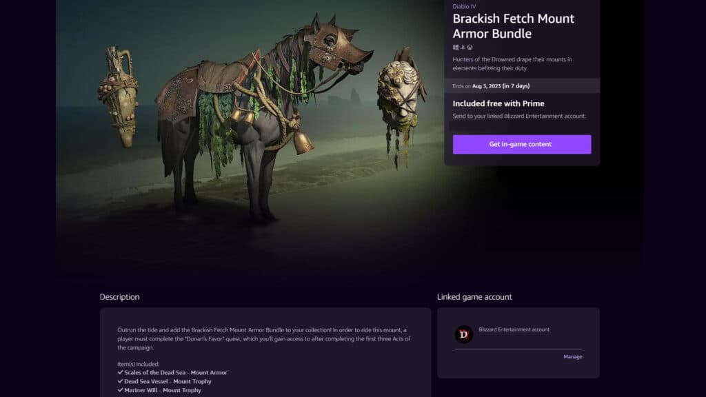 How to get free mount armor in Diablo 4 (Image via Prime Gaming)