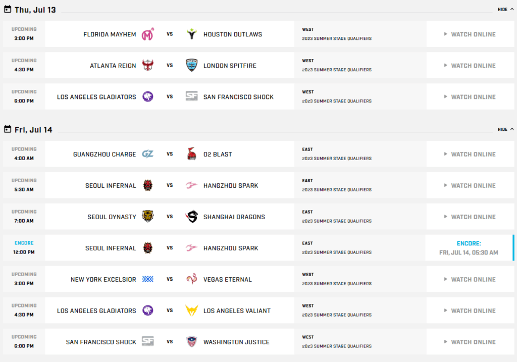 Overwatch League Summer Stage 2023 schedule (Image via Blizzard Entertainment)