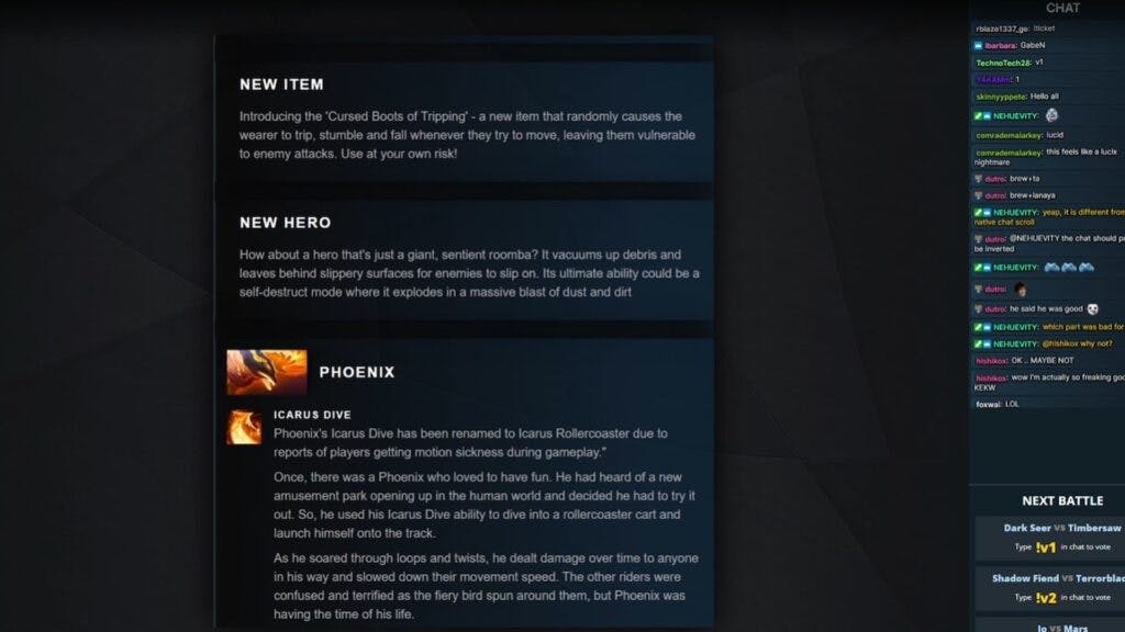 DOTAai generates fake patch notes including this one where Icarus Dive is renamed to "Icarus Rollercoaster due to reports of players getting motion sickness during gameplay" (Image via DOTA2ai)