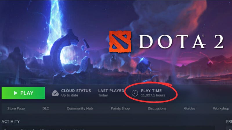 You can find your total hours in Dota 2 on Steam.<br>(Screenshot by esports.gg)