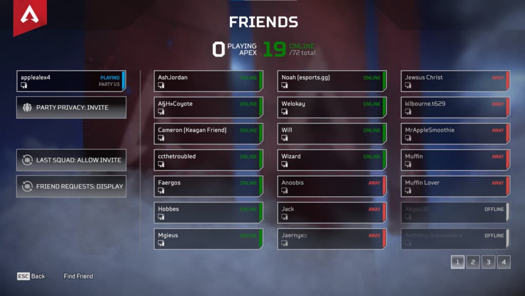 After connecting your Steam account, all of your Steam friends who play Apex Legends will be visible here. (Screenshot by esports.gg)