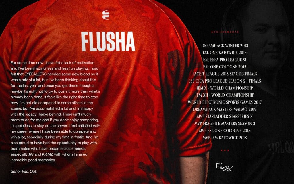 Flusha retires from CS:GO.Image Credit: EYEBALLERS.