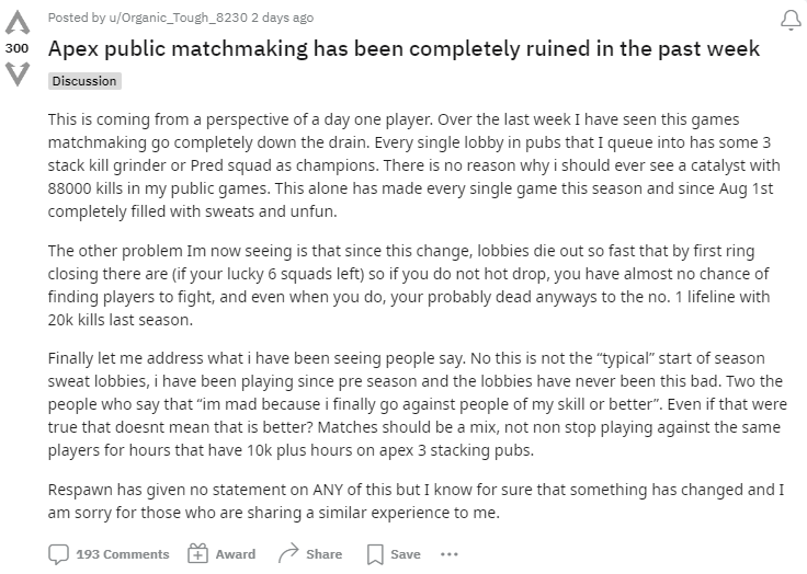 u/Organic_Touch on Reddit describes the issues they have been facing with the matchmaking in Apex Legends