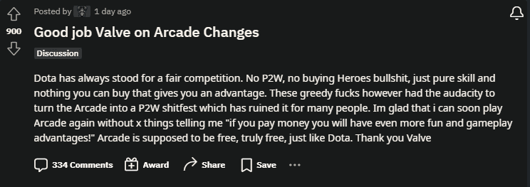 A <a href="https://www.reddit.com/r/DotA2/comments/15iikm7/good_job_valve_on_arcade_changes/" target="_blank" rel="noreferrer noopener nofollow">Reddit post</a> applauds the changes to Dota 2 Arcade