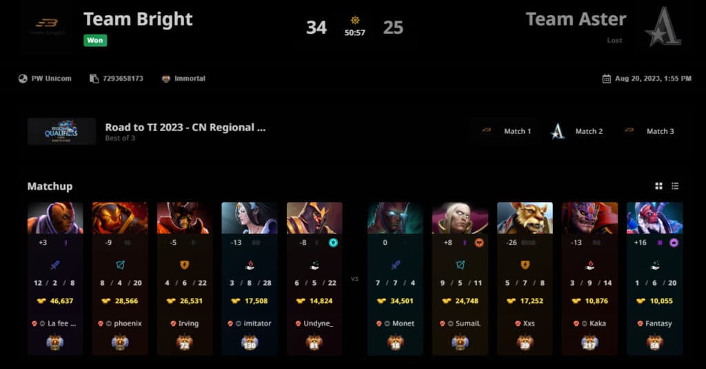 The first game between Team Aster and Team Bright.<br>Image via <a href="https://stratz.com/matches/7293658173" target="_blank" rel="noreferrer noopener nofollow">STRATZ</a>