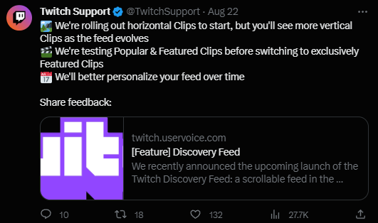 Discovery Feed information (Image via Twitch Support on Twitter)