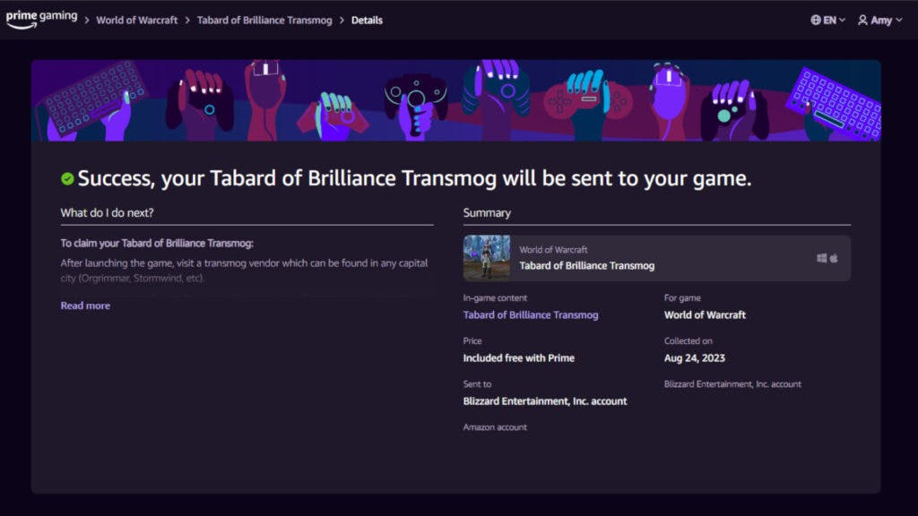How to get the Tabard of Brilliance transmog for free (Image via Prime Gaming)