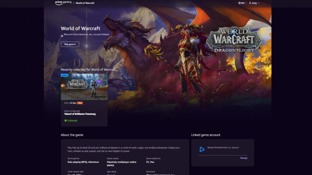 The current World of Warcraft expansion is Dragonflight (Image via Prime Gaming)