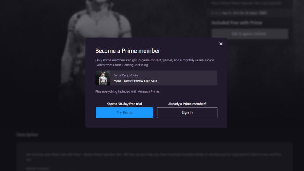 How to register for a free trial (Image via Prime Gaming)