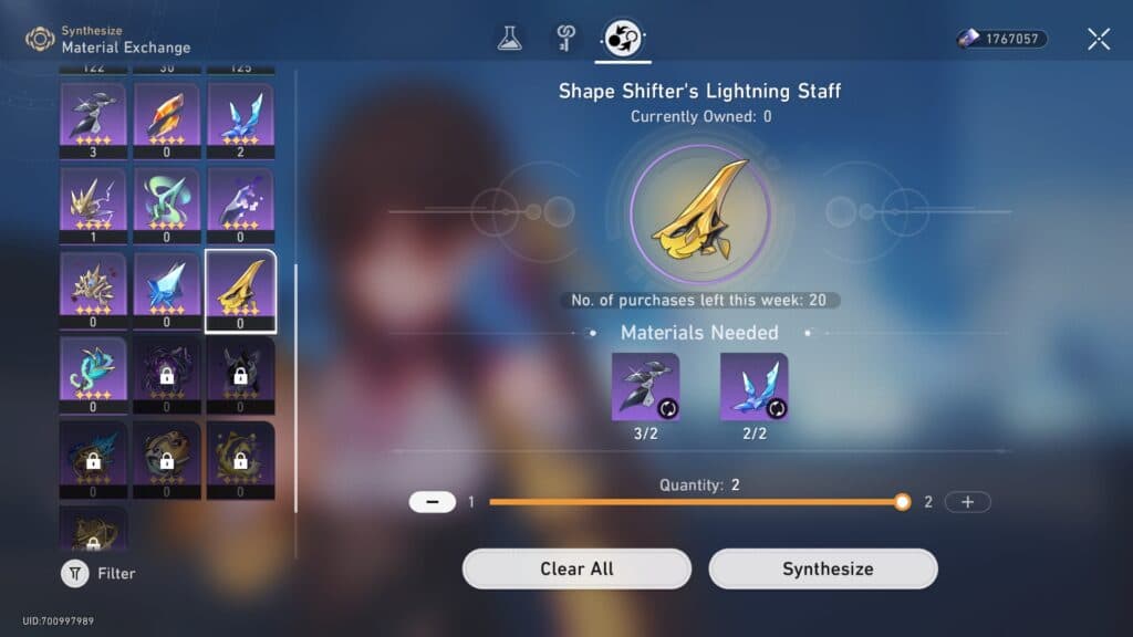 You can use the Omni-Synthesizer to synthesize Shape Shifter's Lightning Staff for Acheron