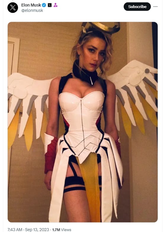 Amber Heard's Mercy cosplay (Image via Elon Musk)