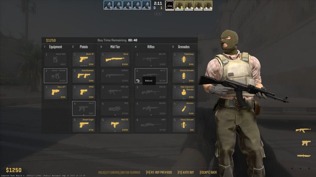 The refined Buy Menu makes it easy to see what is available in CS2 (Image via esports.gg)