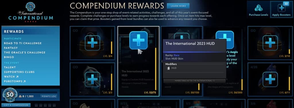 Dota 2 TI12 2023 Compendium - Using boosters to increase levels toward Collector's Aegis (Image via esports.gg)