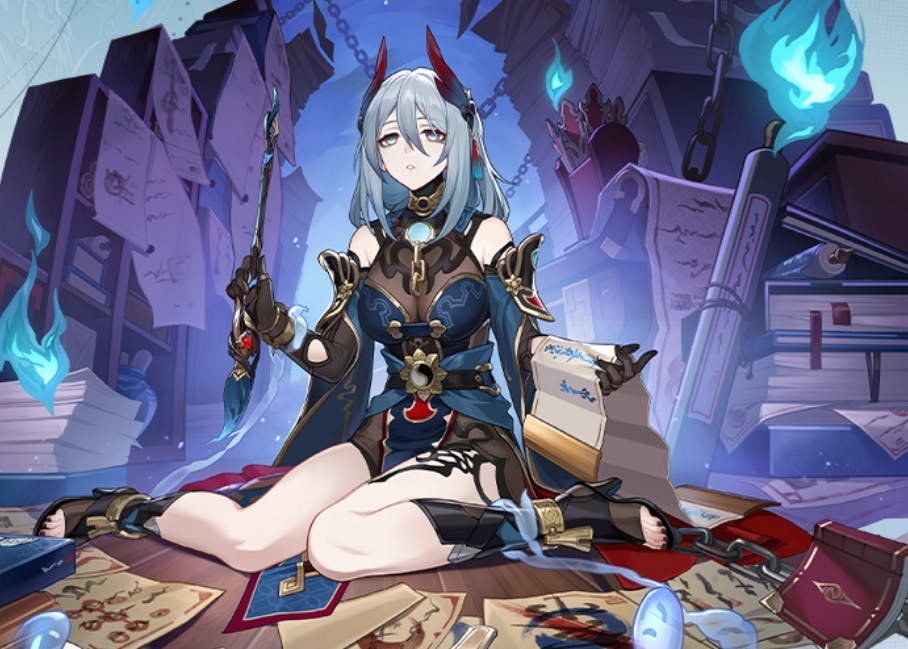 Hanya chained and holding the Oracle Brush in the official announcement artwork