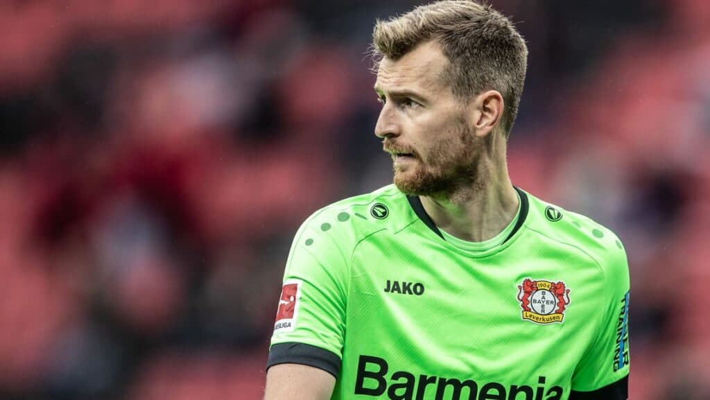 LEVERKUSEN, GERMANY - SEPTEMBER 26: Lukas Hradecky of Leverkusen looks on during the Bundesliga match between Bayer 04 Leverkusen and RB Leipzig at BayArena on September 26, 2020 in Leverkusen, Germany. (Photo by Lars Baron/Bundesliga/Bundesliga Collection via Getty Images)