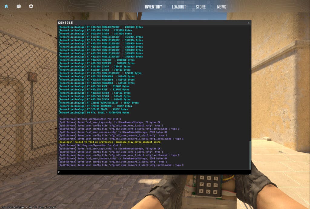 The command console in CS2, which can be used to bind jump to the scroll wheel.
