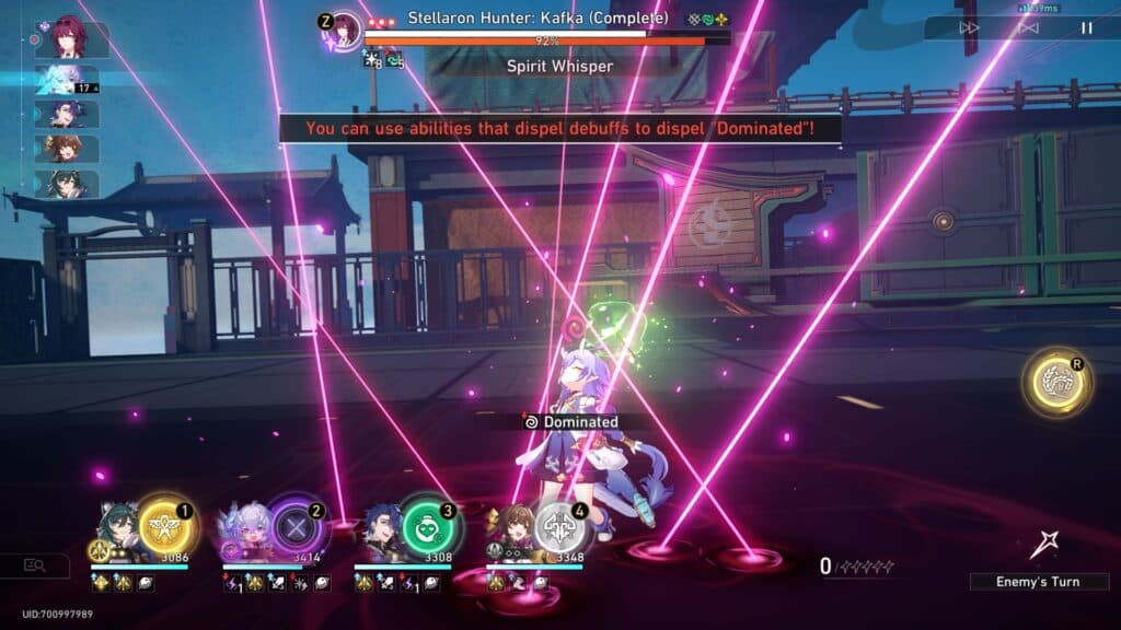 Kafka's Spirit Whisper has a high chance of Dominating one target. This debuff lasts 3 turns