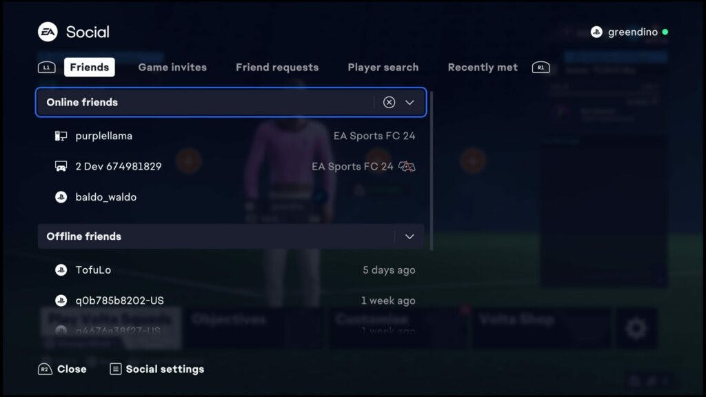 The EA social menu for crossplay in EA FC 24.