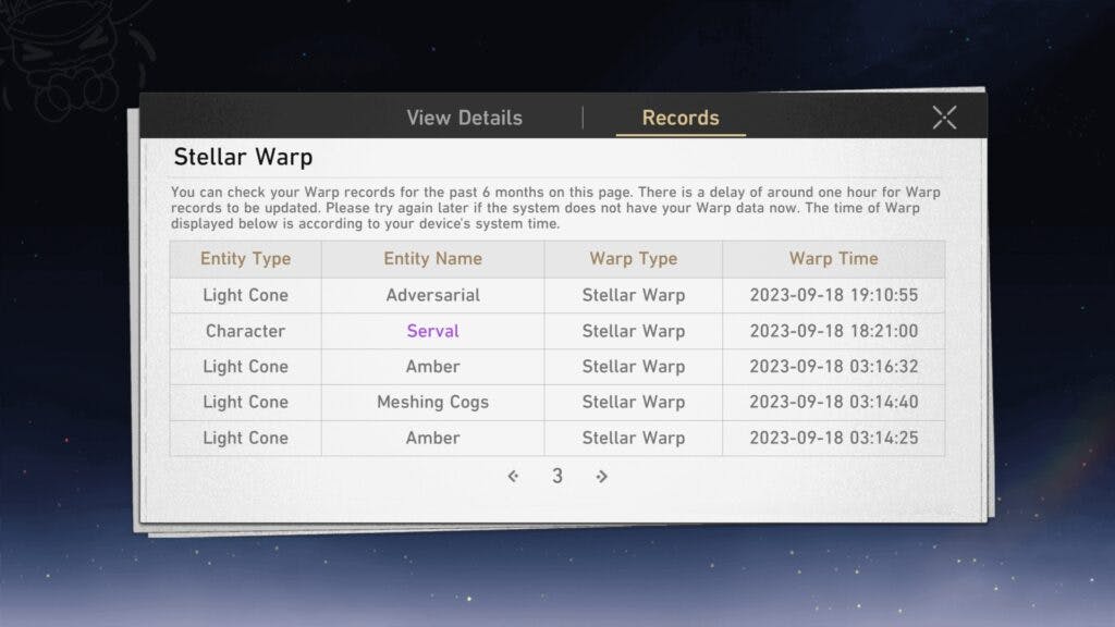 You can check your history of drops via the Records Menu after clicking "View Details" on the Event Warp banner