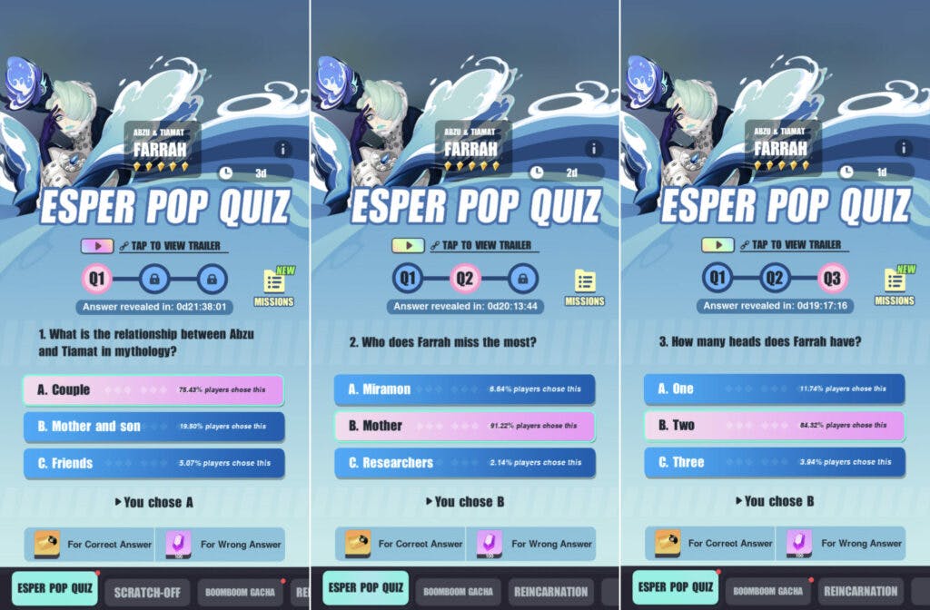 Dislyte Esper Pop Quiz Farrah quiz answers (Image via Lilith Games)