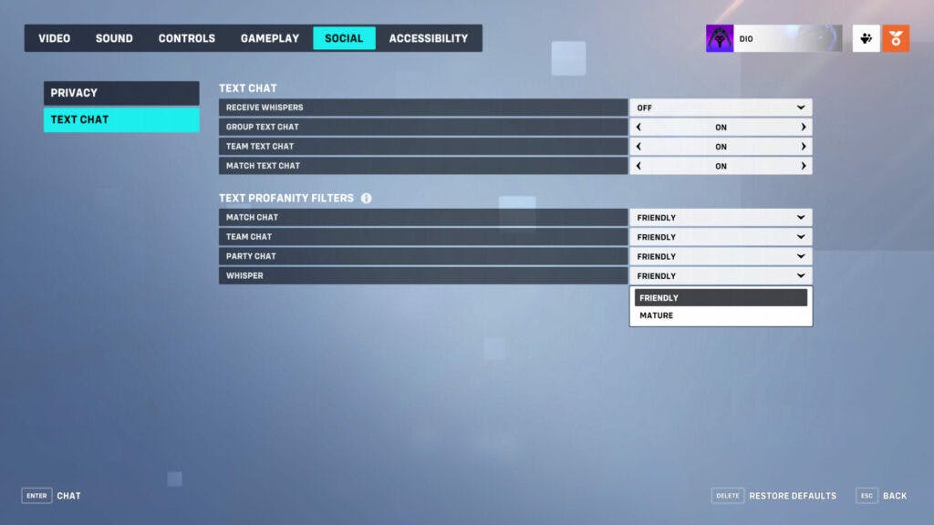 The updated options for text chat (Image via Blizzard Entertainment)