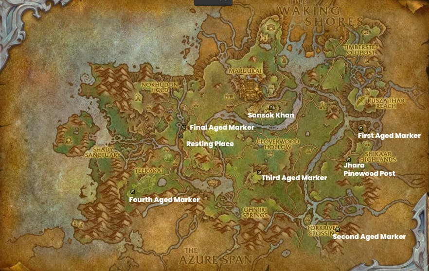 All of the Aged Market locations in the WoW Pinewood Post Secrets of Azeroth quest.