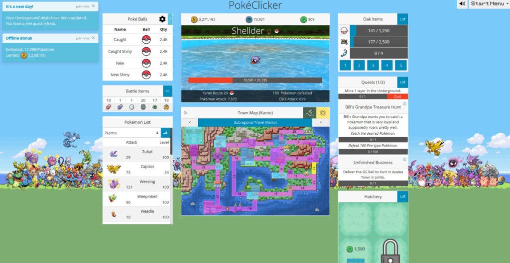 PokeClicker's layout on their website game.
