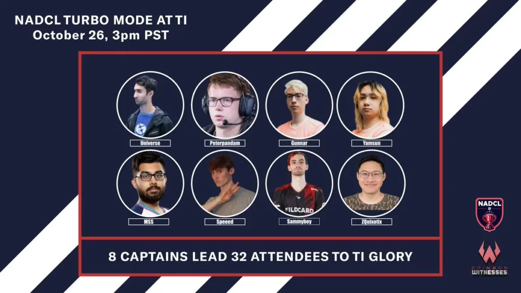 Eight captains of the Turbo Mode at TI during the Crimson Witnesses TI12 Finals watch party.<br>(Image via Crimson Witnesses x NACDL)