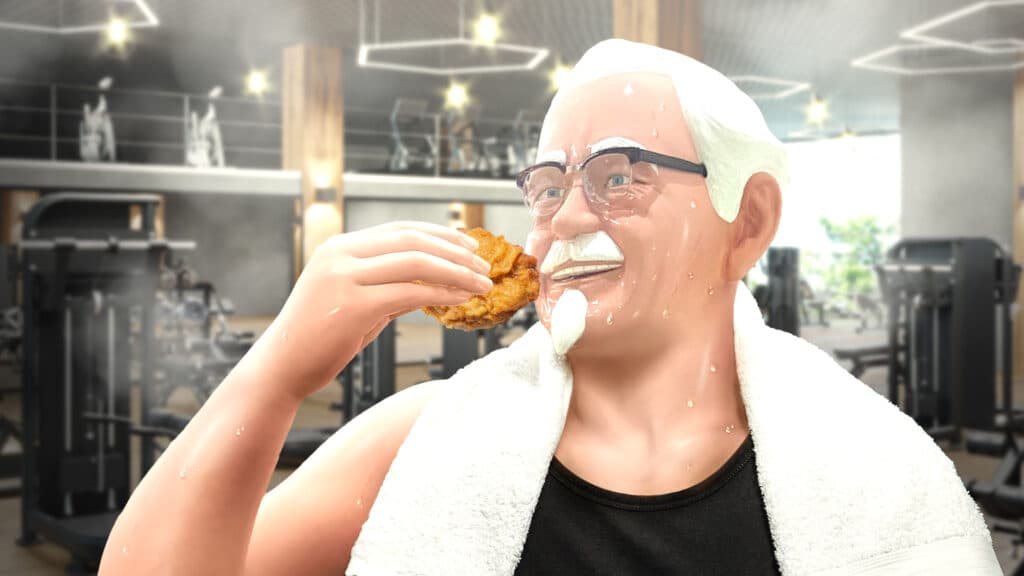 Colonel Sanders eating fried chicken in the FFXIV.<br>(Image via KFC Japan)