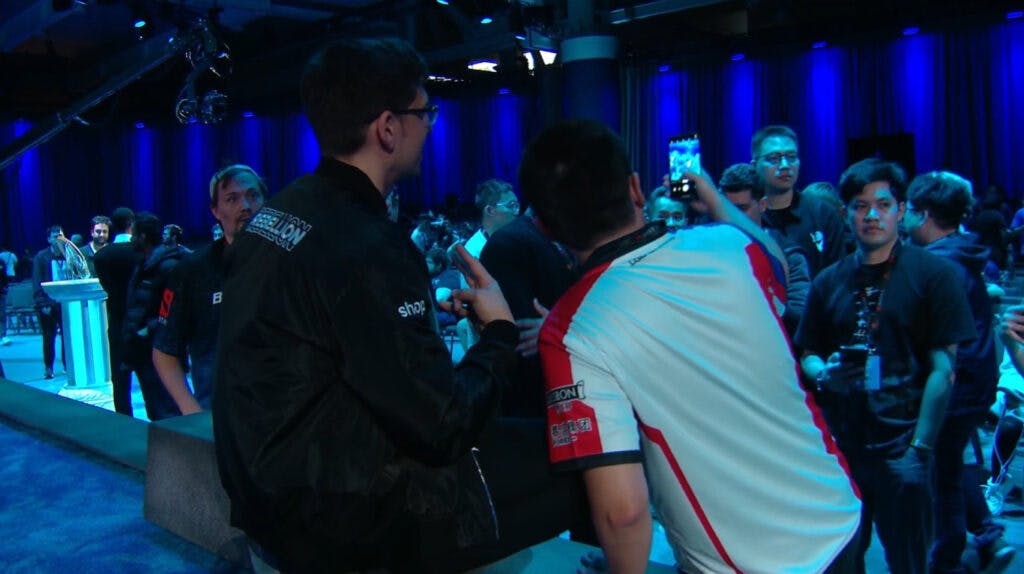 Gracious in defeat: Shopify Rebellion's Tal "Fly" Aizik takes pictures with NA fans after the team's elimination (Image via Valve)