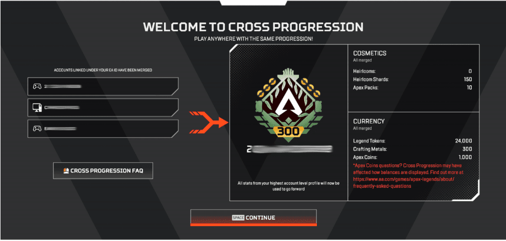 The cross progression prompt screen (via Respawn)