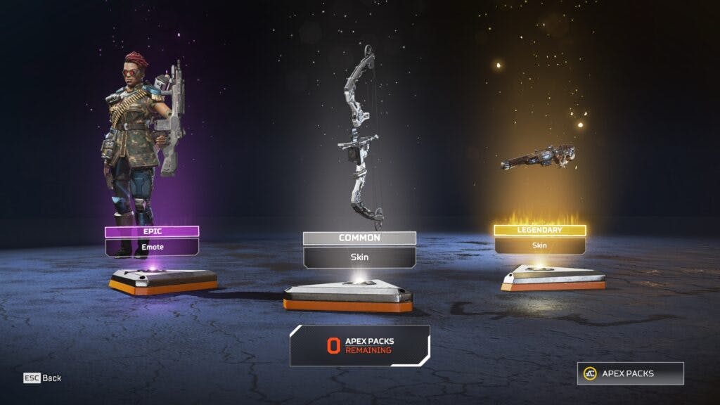 An example of an opened Apex Pack with three different rarity of items