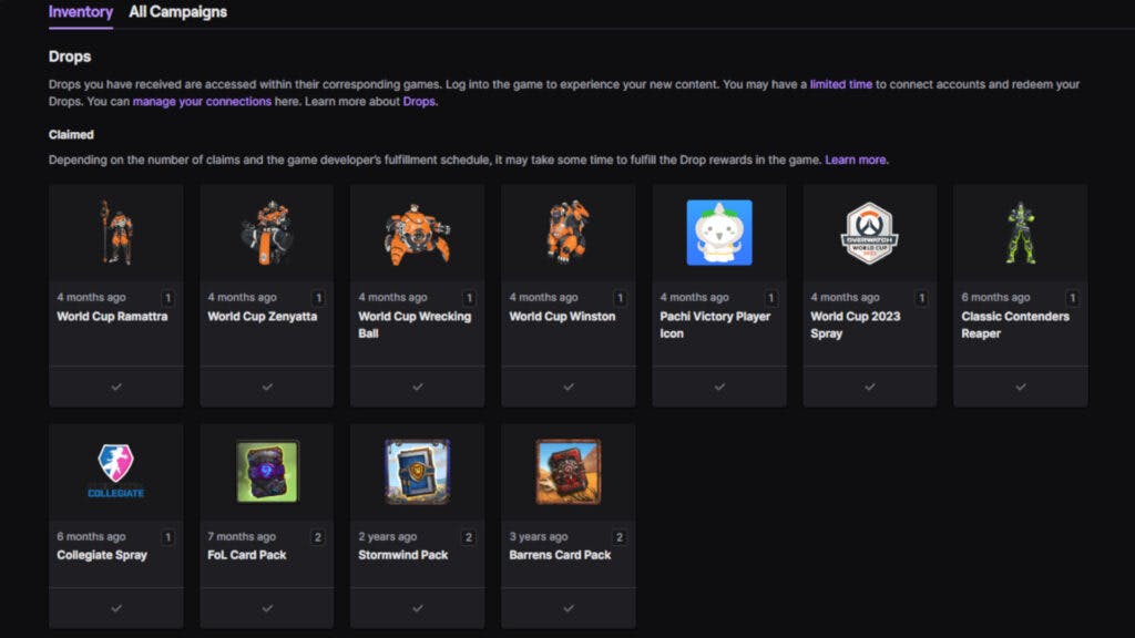 Inventory page for Twitch drops (Image via Twitch)