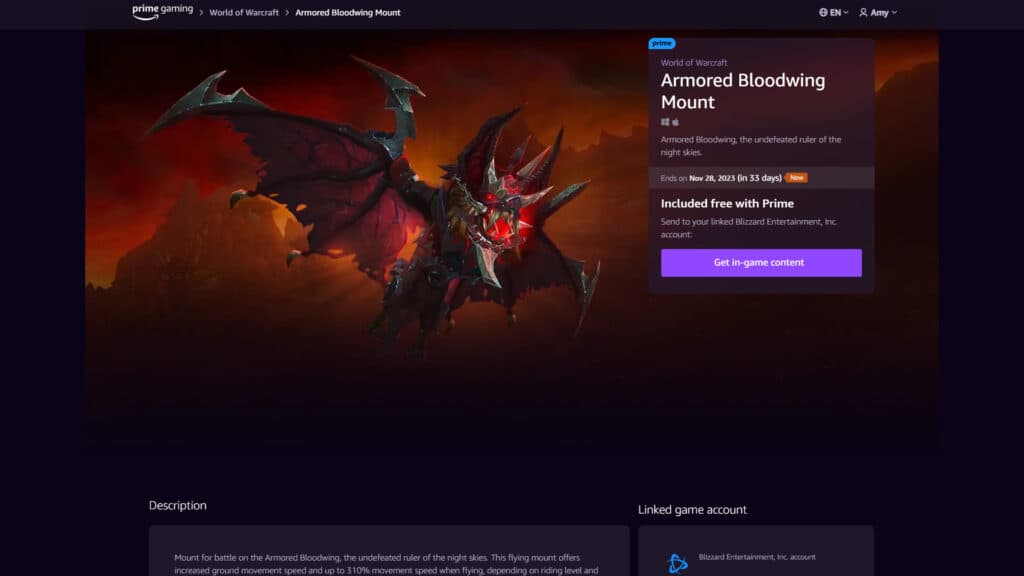 World of Warcraft Armored Bloodwing mount (Image via Prime Gaming)