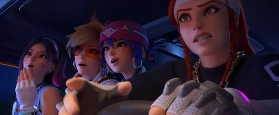 Overwatch 2 LE SSERAFIM skins for D.Va, Tracer, Kiriko, and Brigitte (Image via Blizzard Entertainment)