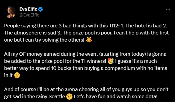 Eva Elfie pledges to donate to TI12 prize pool.<br>(Screenshot from <a href="https://twitter.com/EvaElfie/status/1717624018667462816" target="_blank" rel="noreferrer noopener nofollow">Twitter</a>)