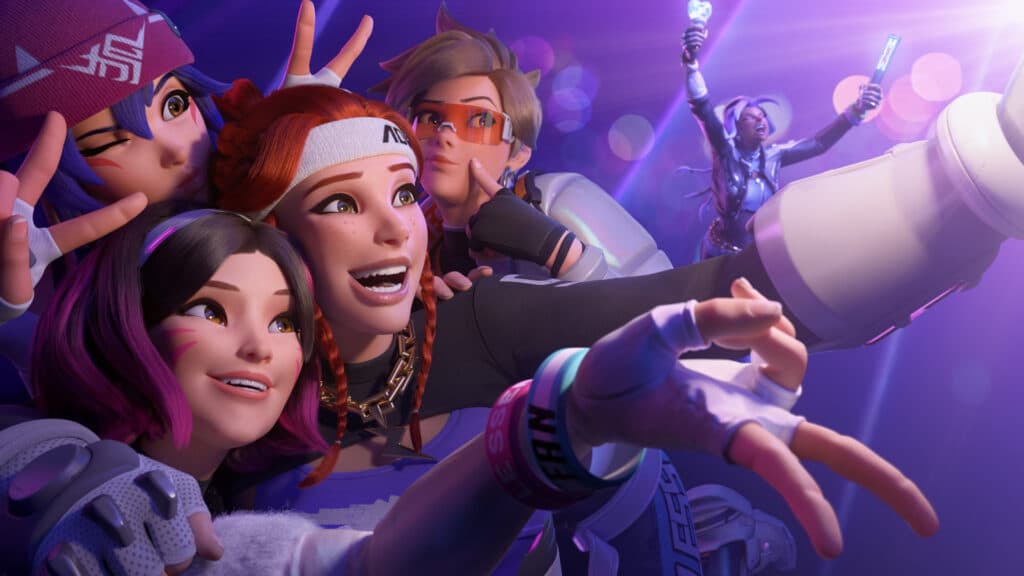 Overwatch 2 heroes D.va, Kiriko, Brigitte, Tracer, and Sombra (Image via Blizzard Entertainment)