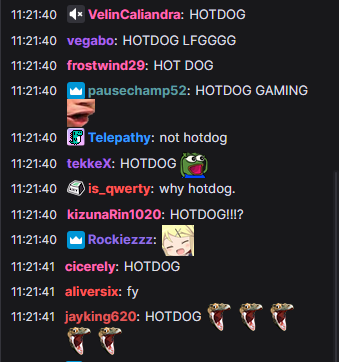 The Twitch chat spams HOTDOG on TI12 stream.<br>(Screenshot from Twitch)
