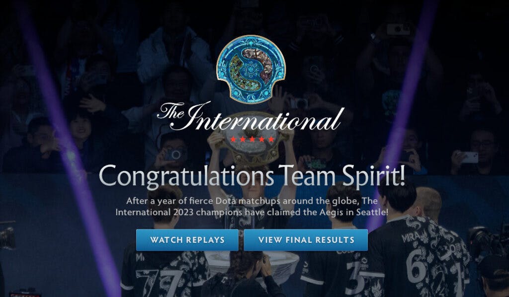 Dota 2 home page congratulates Team Spirit's TI12 victory.<br>(Screenshot from Dota 2)