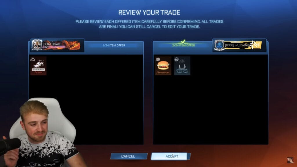 Blind Trading by Pixel - one of Rocket League content type affected by removal of P2P trading (<a href="https://www.youtube.com/watch?v=hUsYsYPOvtE" target="_blank" rel="noreferrer noopener">via YouTube</a>)