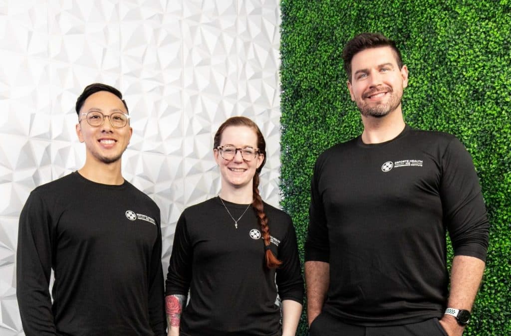 <em>Pictured, from left: Dr. Matthew Hwu - PT, DPT, OCS, CSCS, Dr. Caitlin McGee - PT, DPT, MS, and Dr. Elliot Smithson - PT, DPT, MS, ATC, EMT.</em>