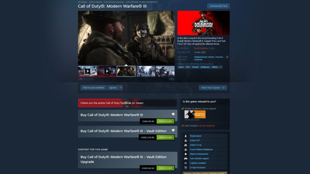 How to install Call of Duty MW3 on Steam (Image via Valve Corporation)